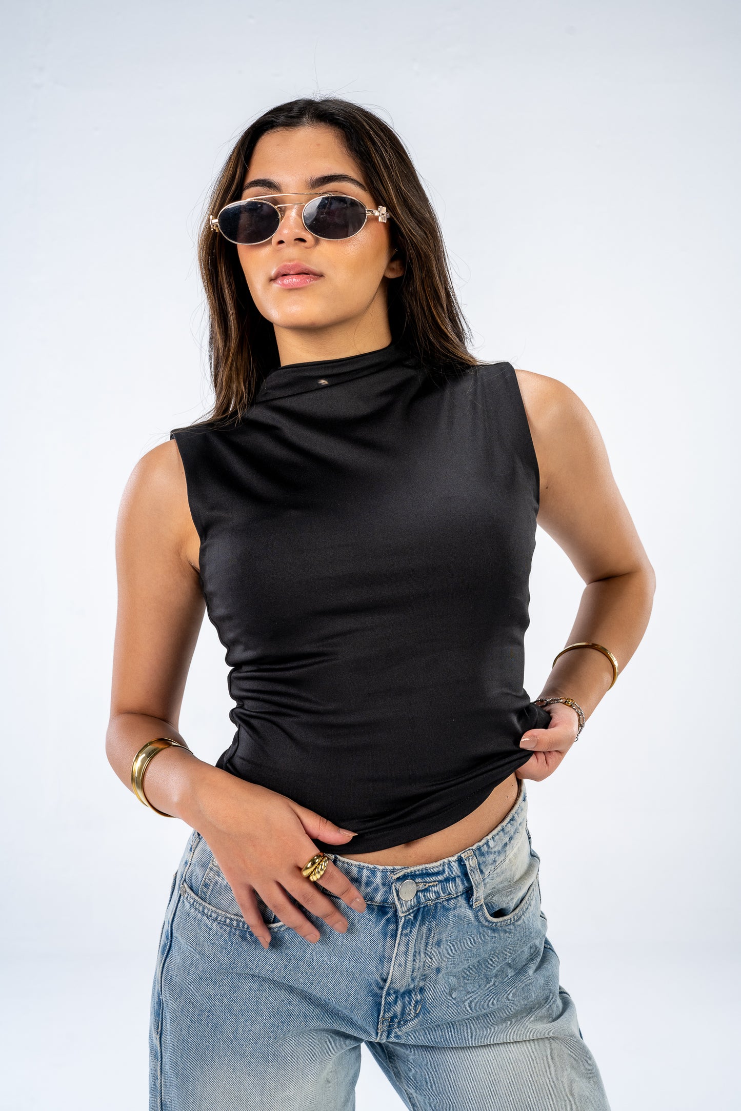 High neck sleevless top- Black