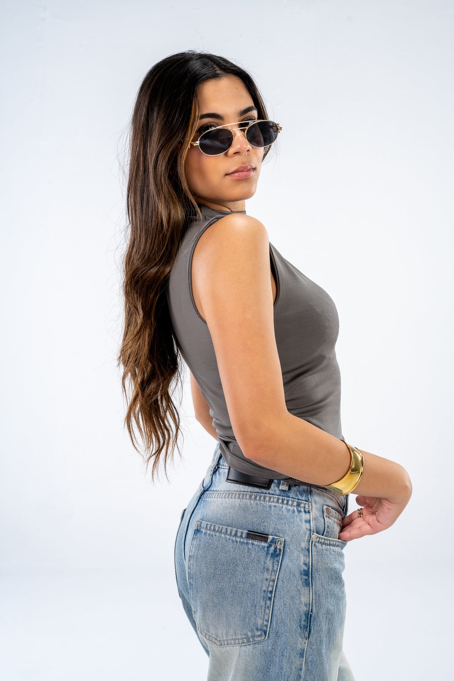 High neck sleeveless top- Grey