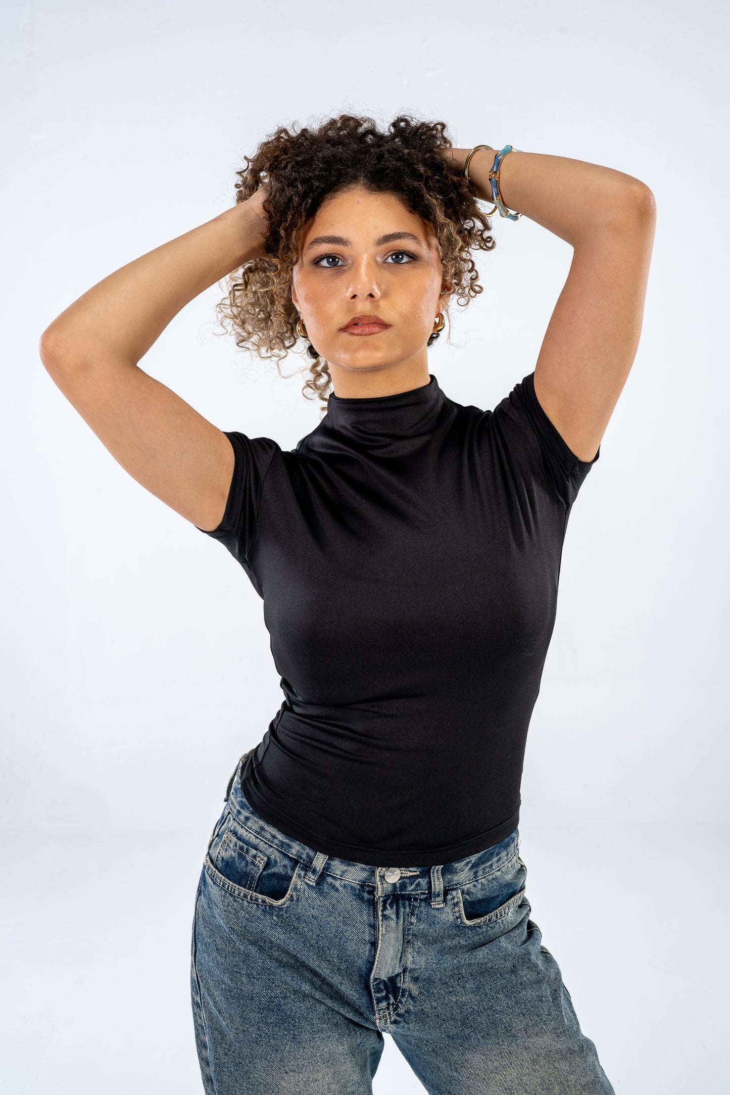 High neck short sleeves tops - Black