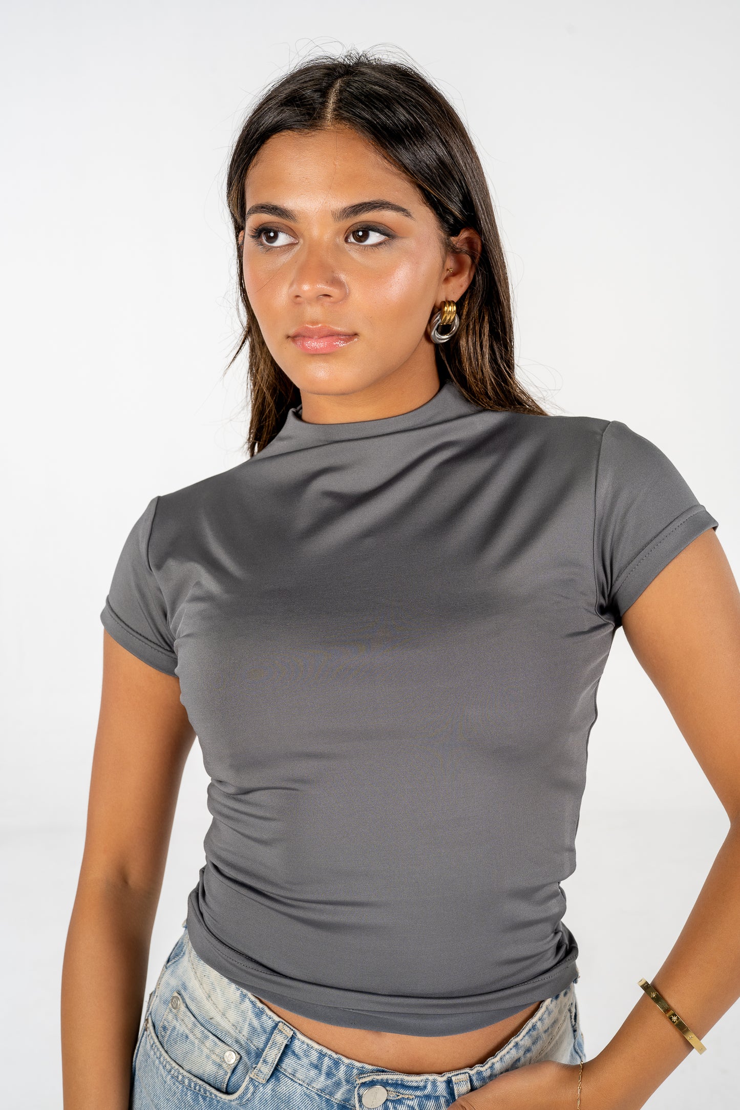 High neck short sleeves top - Grey