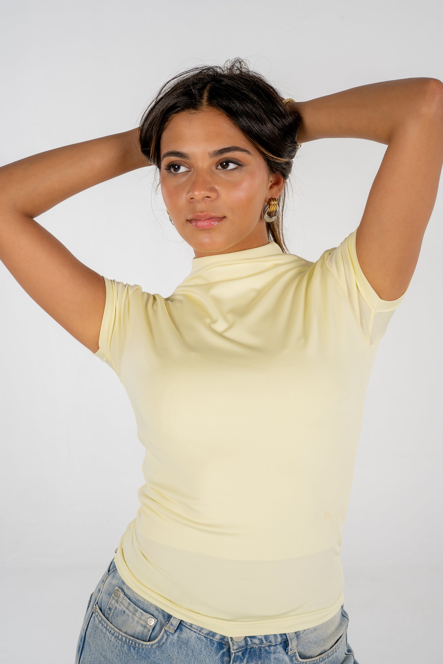High neck short sleeves tops - Yellow