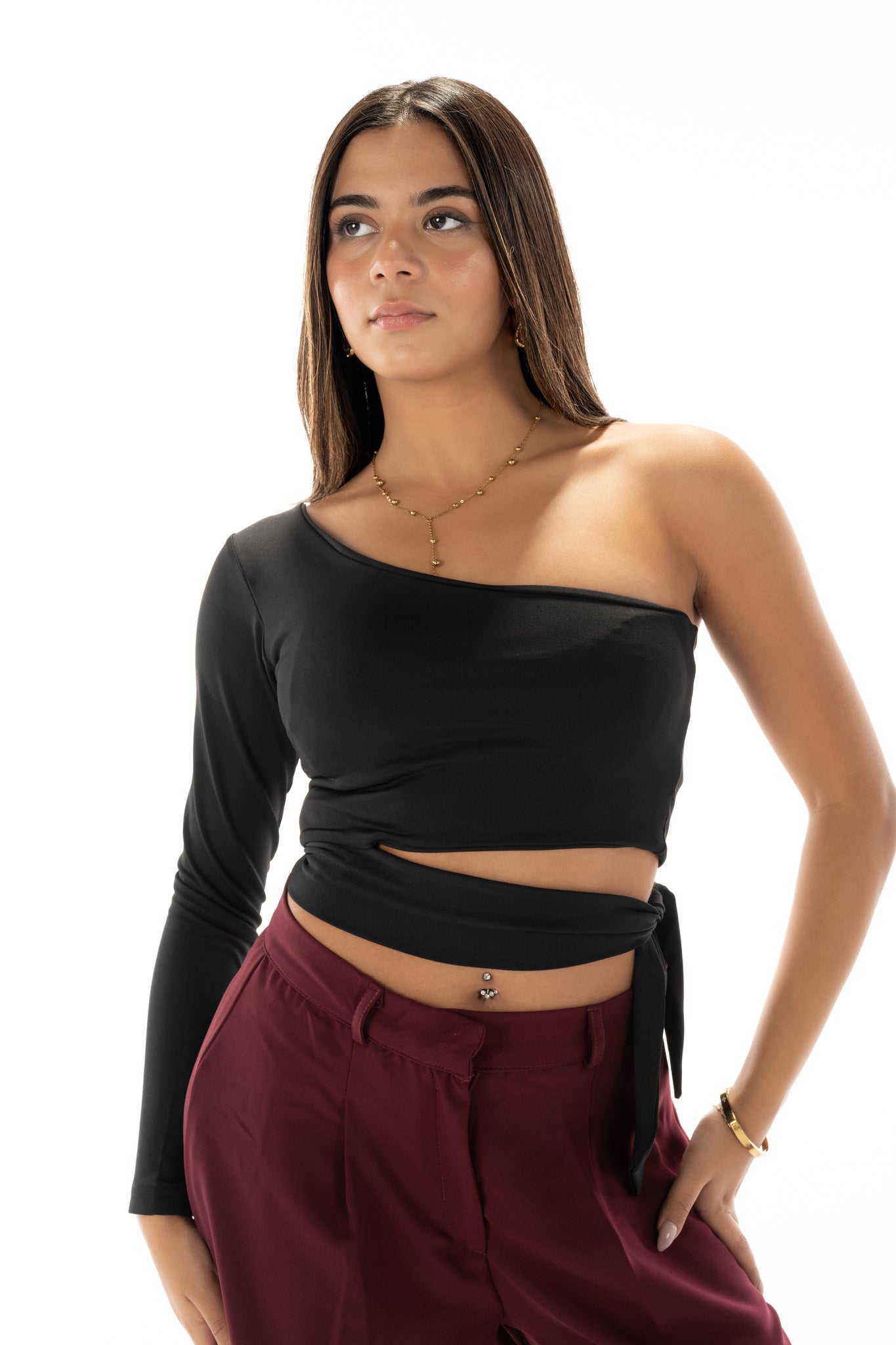 One shoulder ribbon top