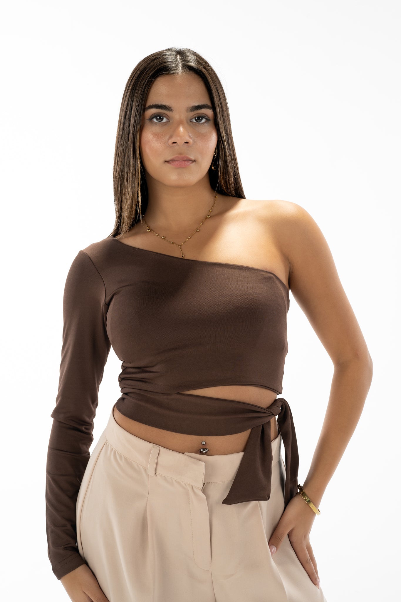 One shoulder ribbon top