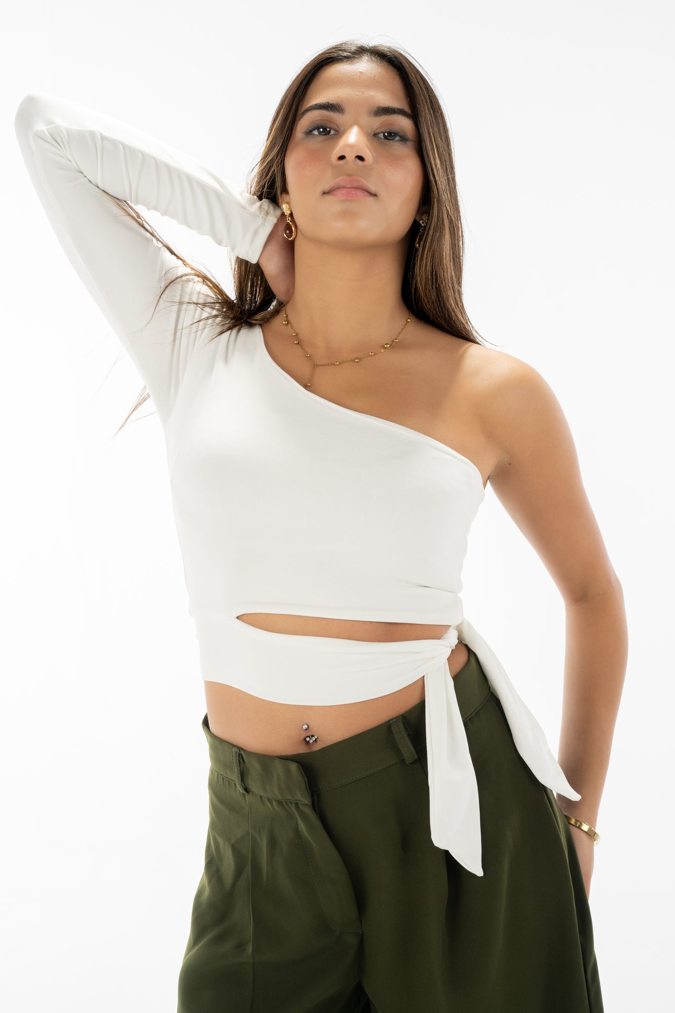 One shoulder ribbon top