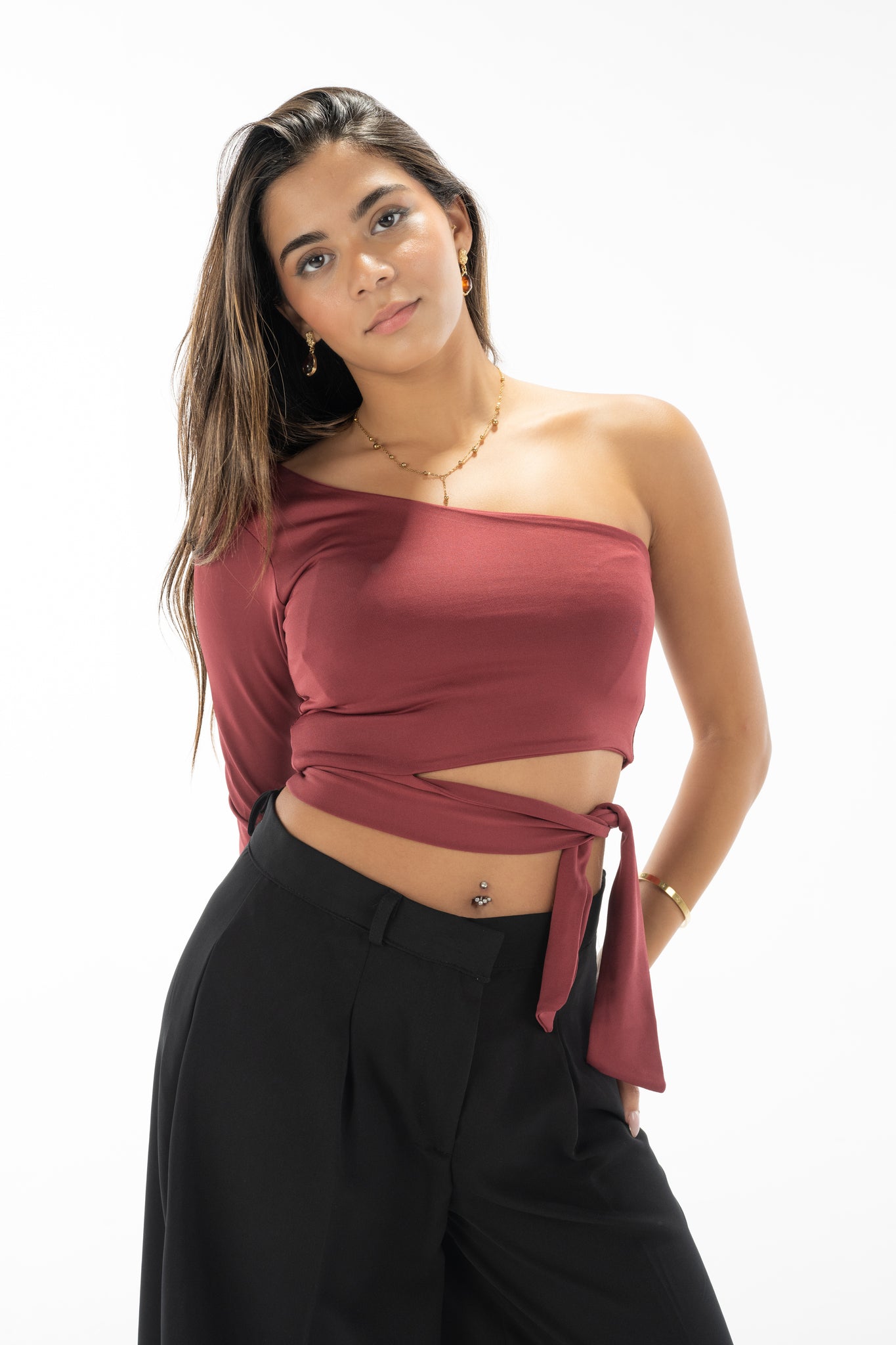One shoulder ribbon top