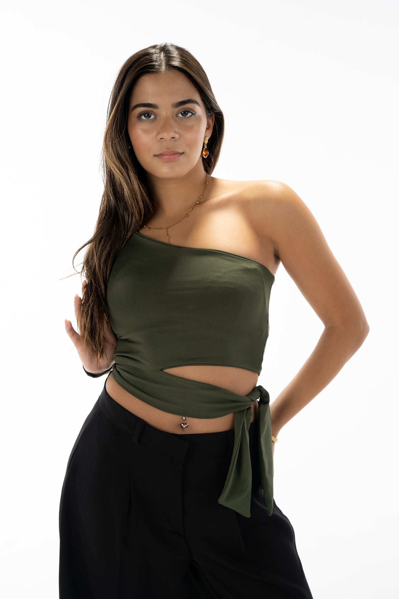 One shoulder ribbon top