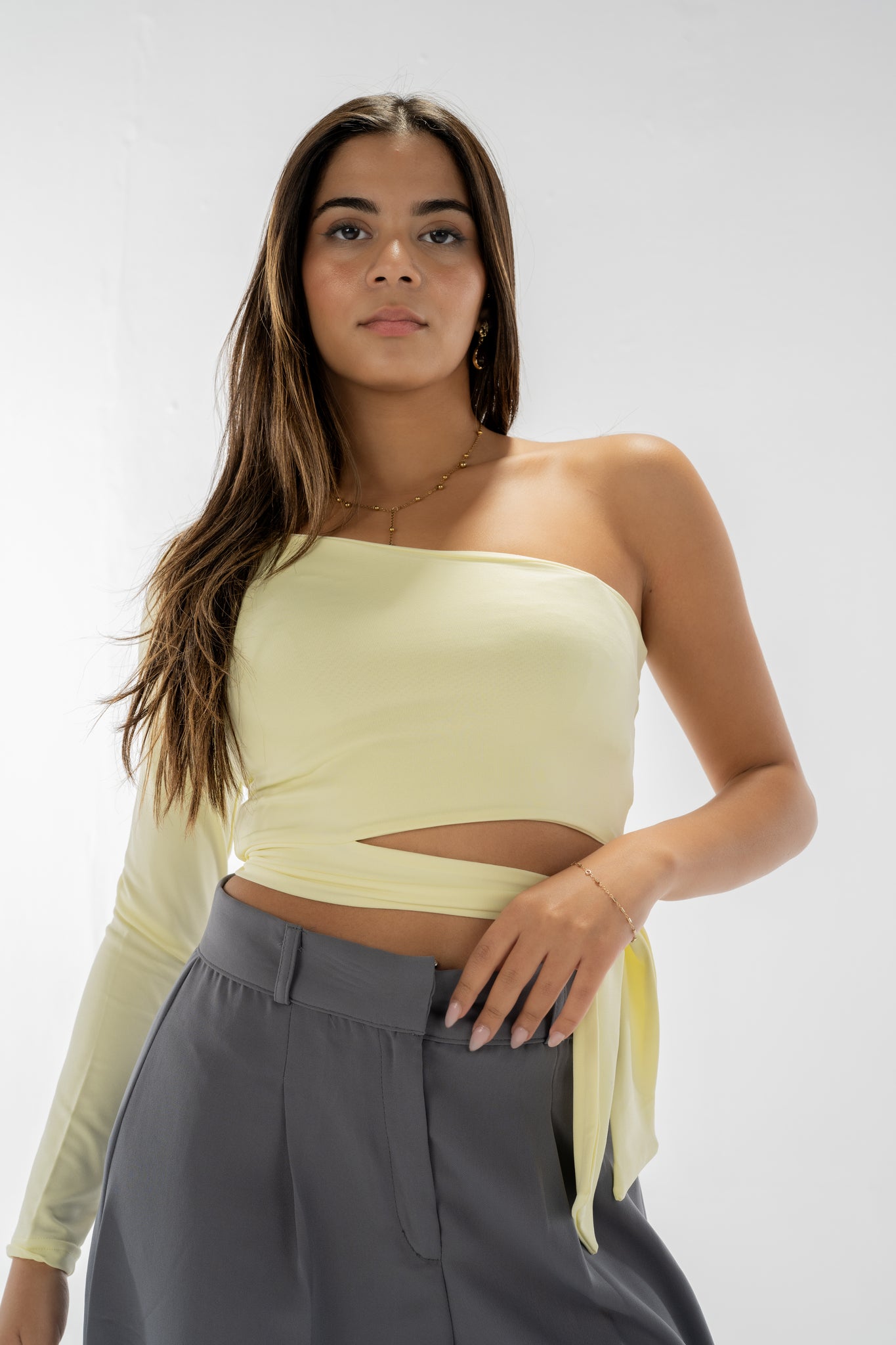 One shoulder ribbon top