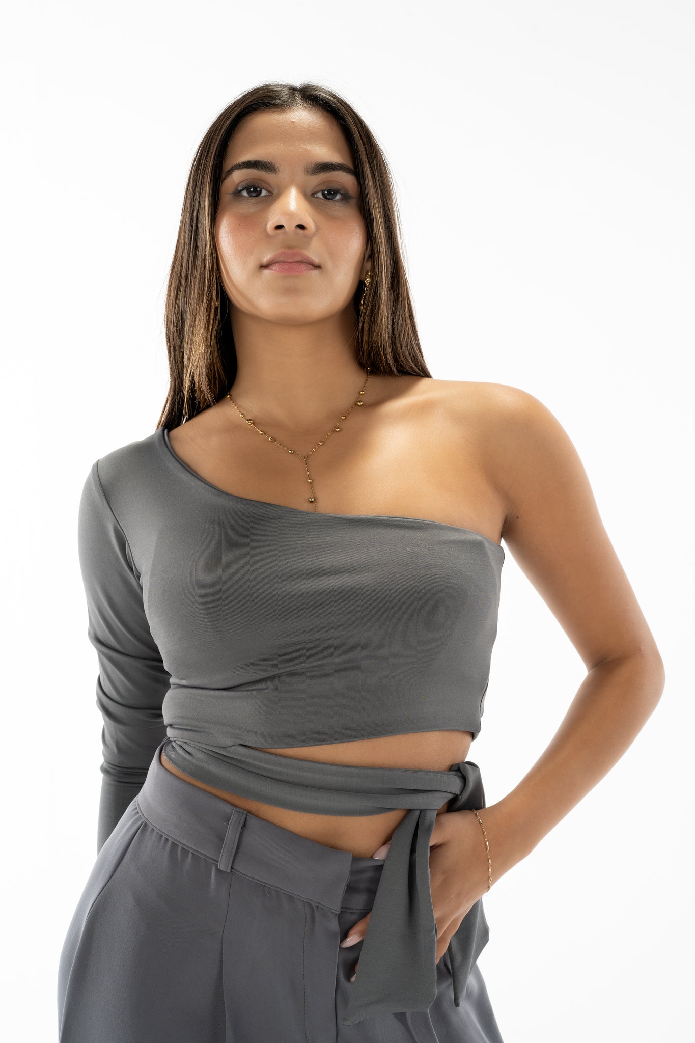 One shoulder ribbon top