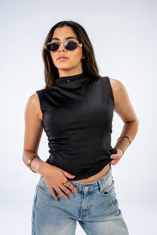 High neck sleevless top- Black