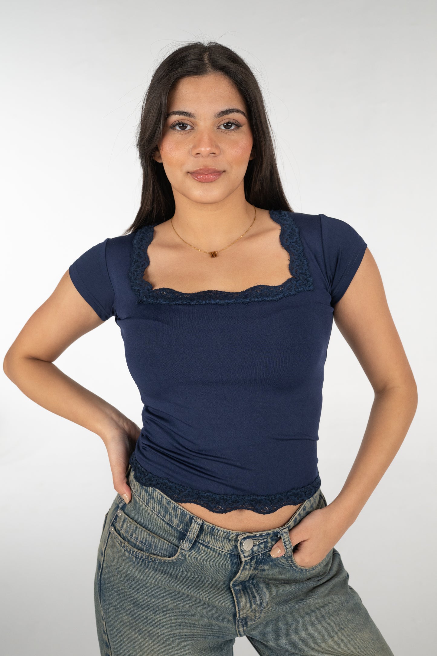 Sqaure lace short sleeves top