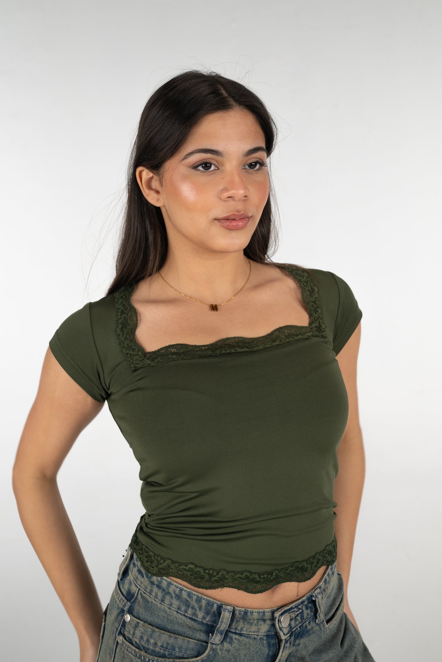 Sqaure lace short sleeves top