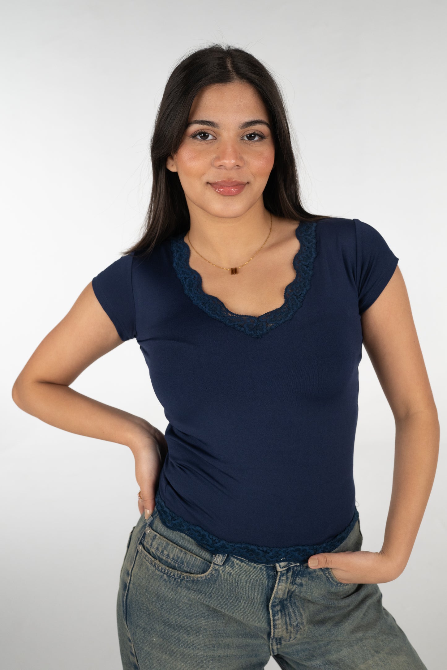 V lace short sleeves top
