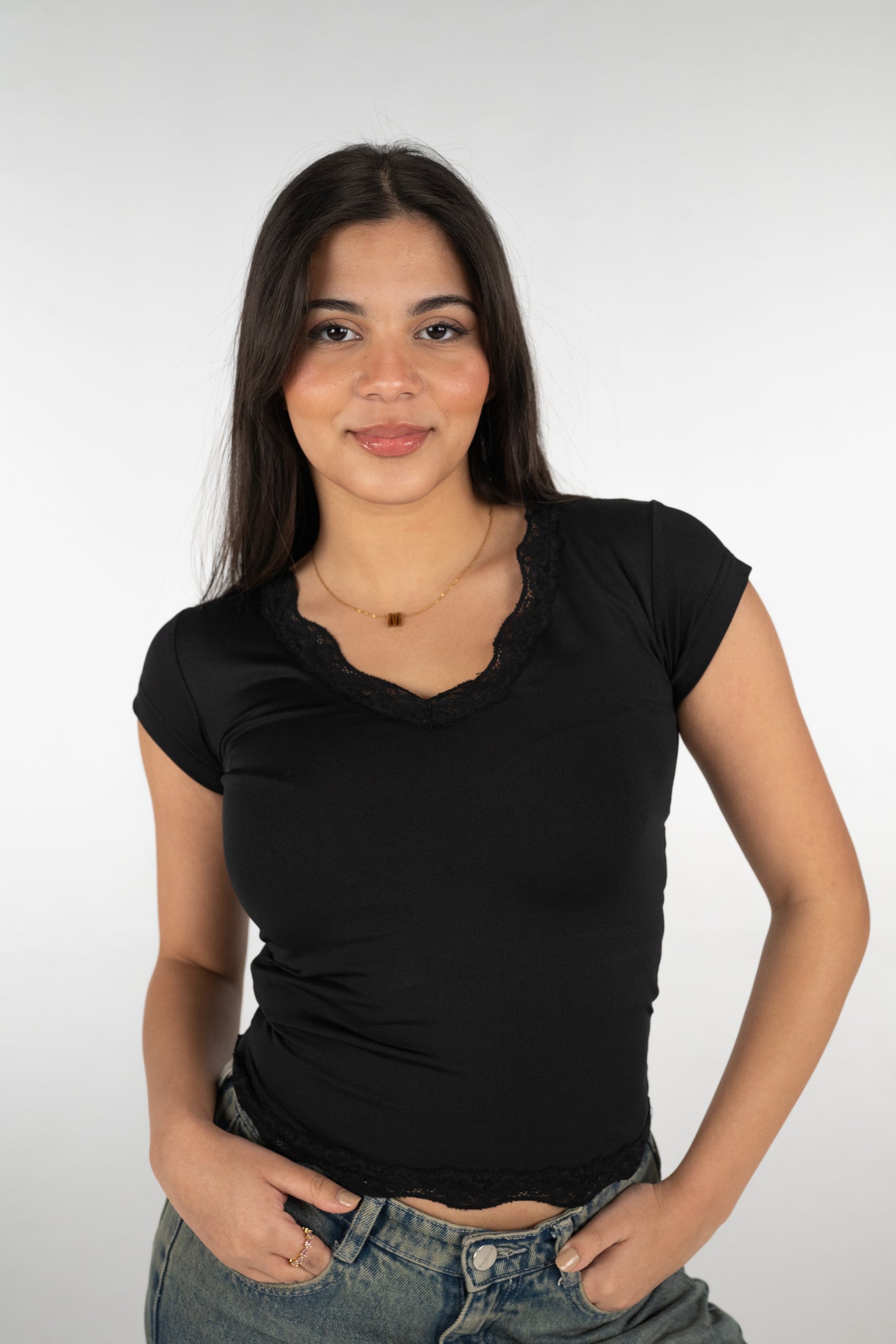 V lace short sleeves top