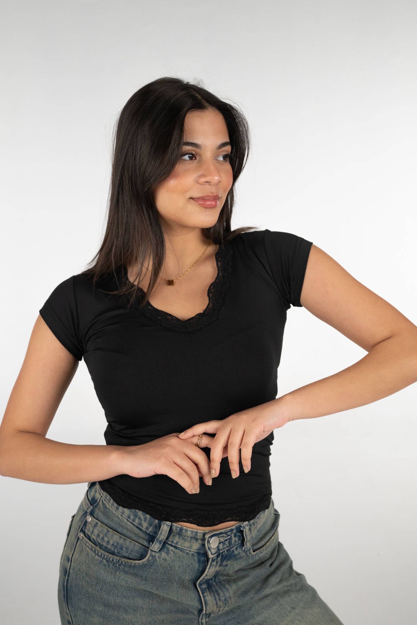 V lace short sleeves top