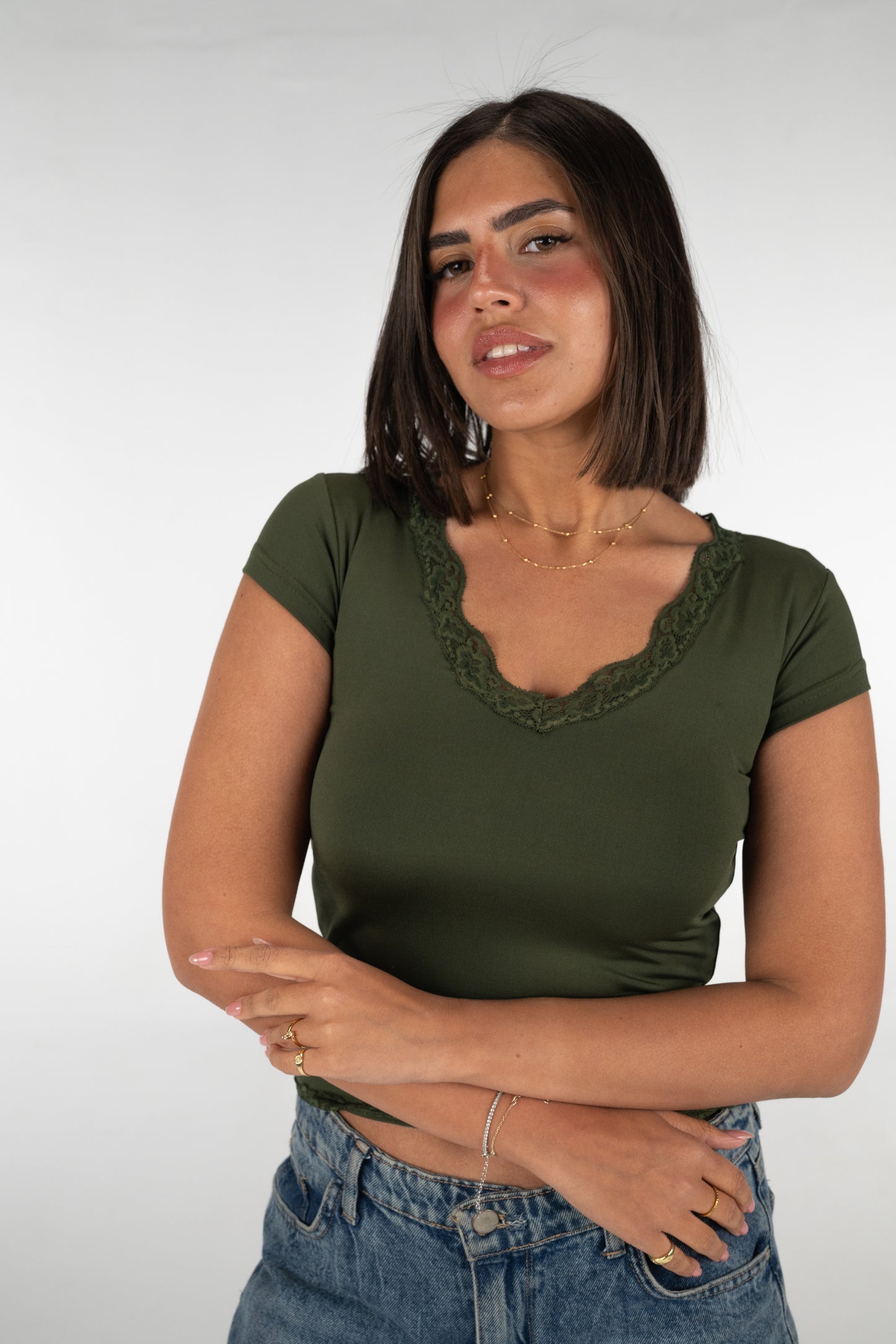 V lace short sleeves top
